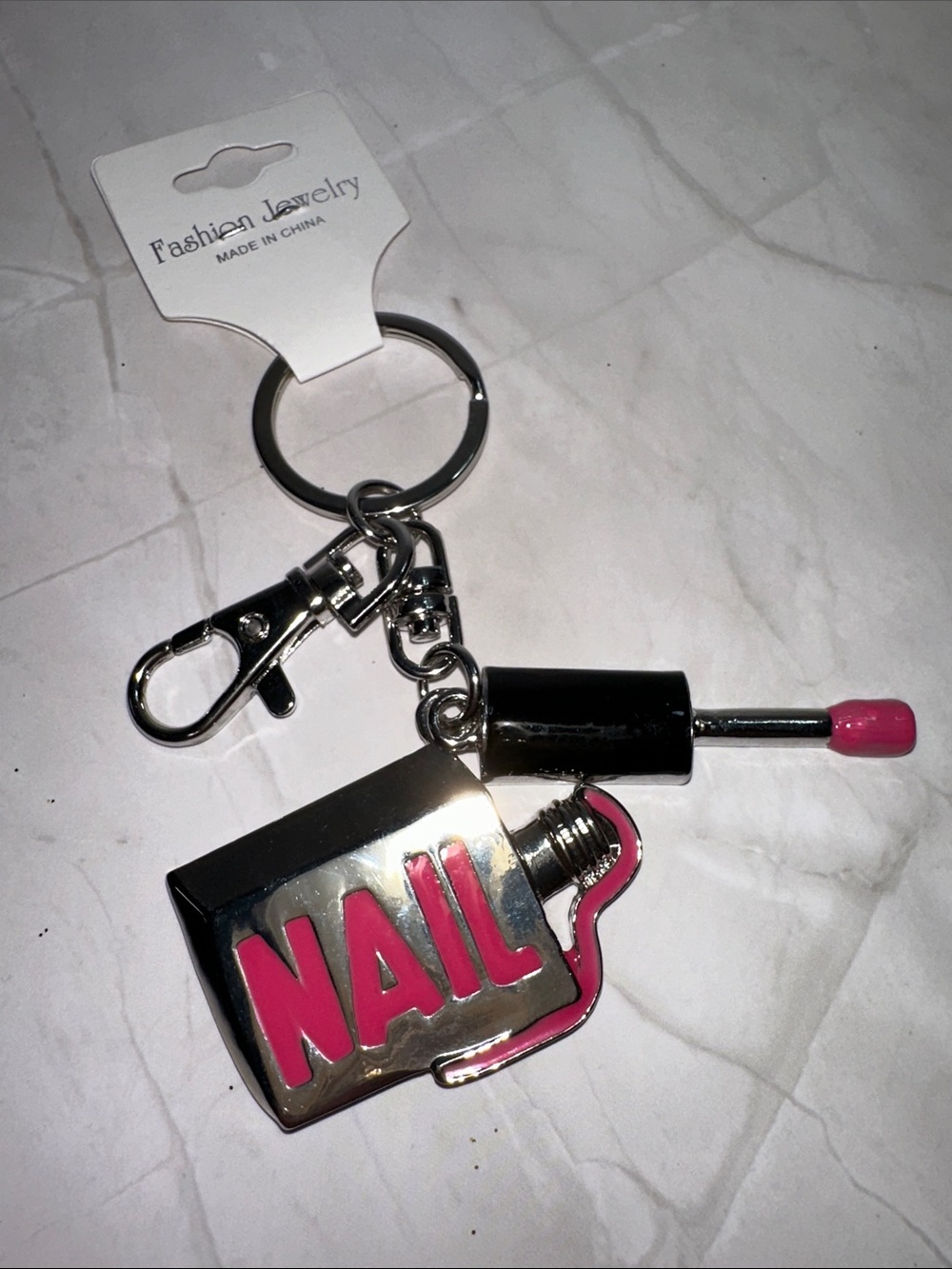 Nail Polish Bottle Keychain with Pink Accent